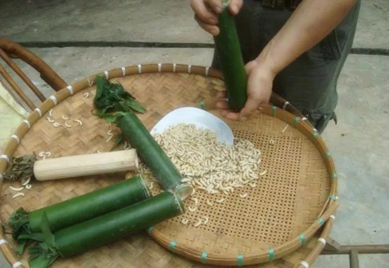 美食 正文  又叫竹蛆.钻在嫩竹中,大者如手指样粗,浑身雪白,满腹是油.