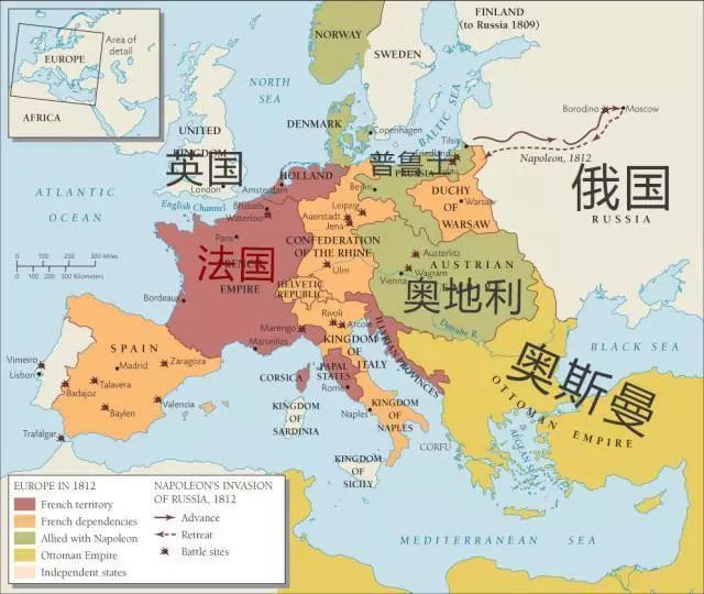 1812年欧洲地图及法国入侵俄国路线