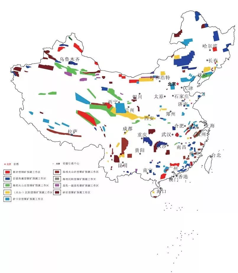 中国铜矿预测工作区分布示意图