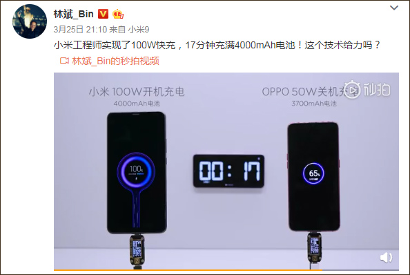 小米公布100W快充 17分鐘充滿4000mAh 科技 第1張