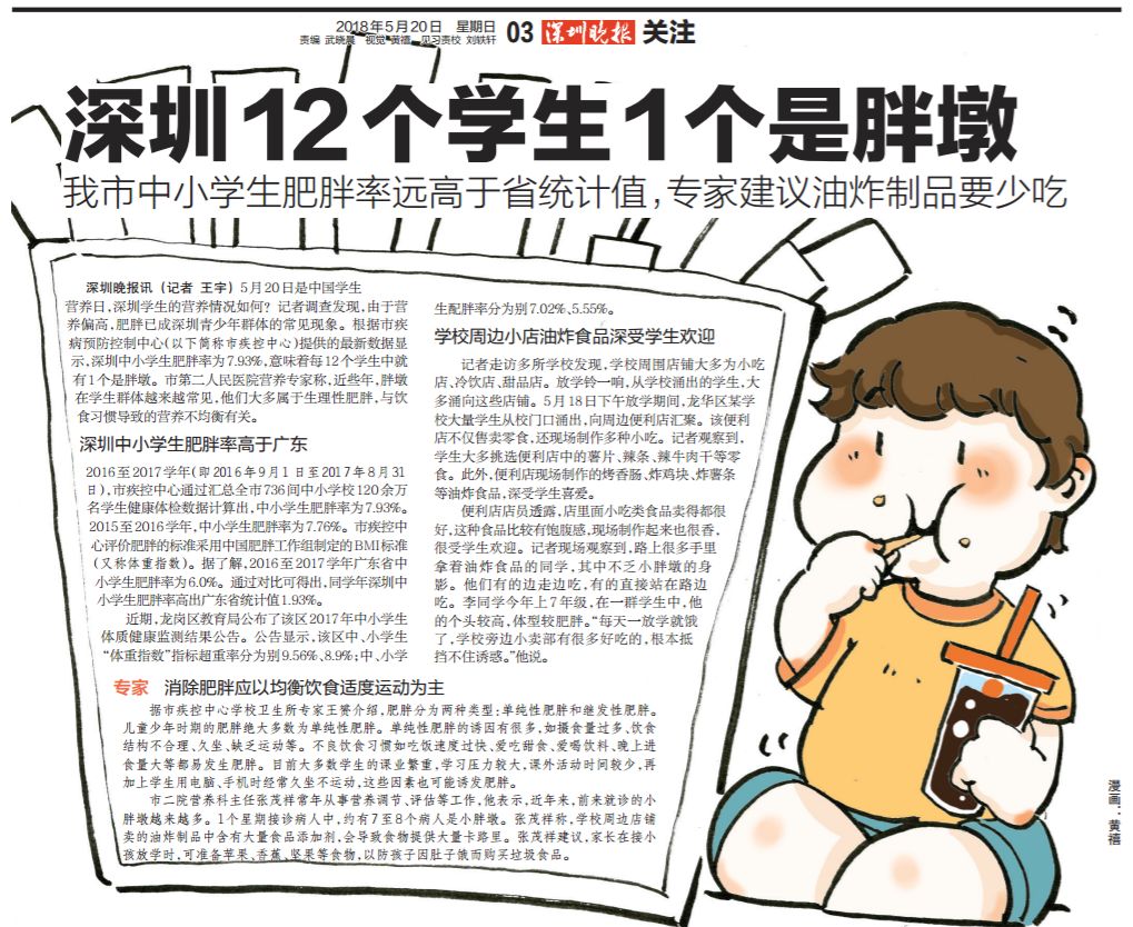 学校食品安全与营养健康怎么做 根据2018年数据显示 深圳中小学生肥胖