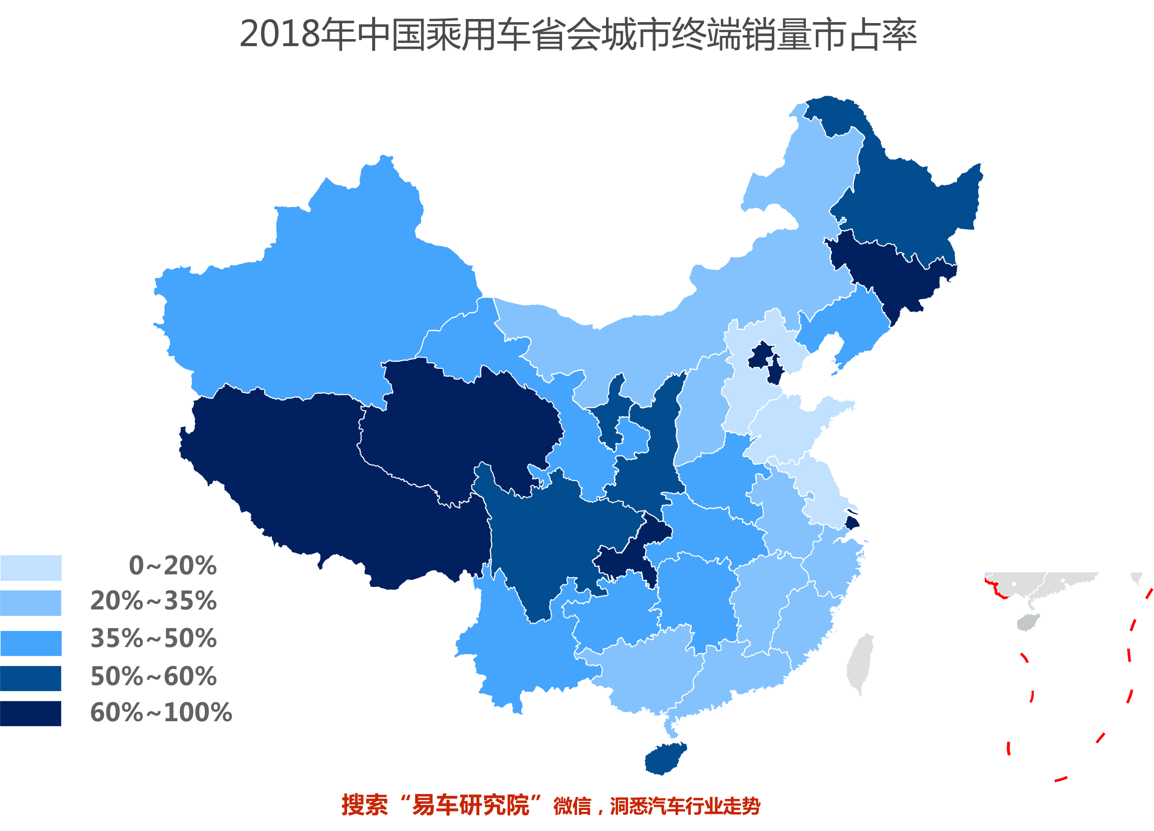 2018年中国省会城市的汽车销量占比的地区分布呈"阶梯走势—西高东