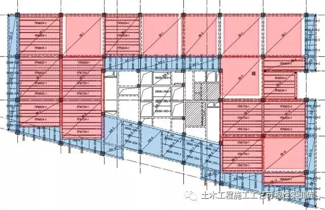 西1楼典型楼层预制板布置图(红色为双t板,蓝色为钢筋桁架叠合板)