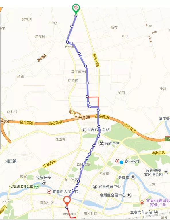 (图中红线部分为21路公交车更改后的路线)