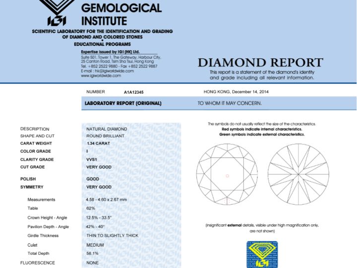    滑动查看下一张图片 >> 权威证书上会清楚地标示出 钻石的4c参数及