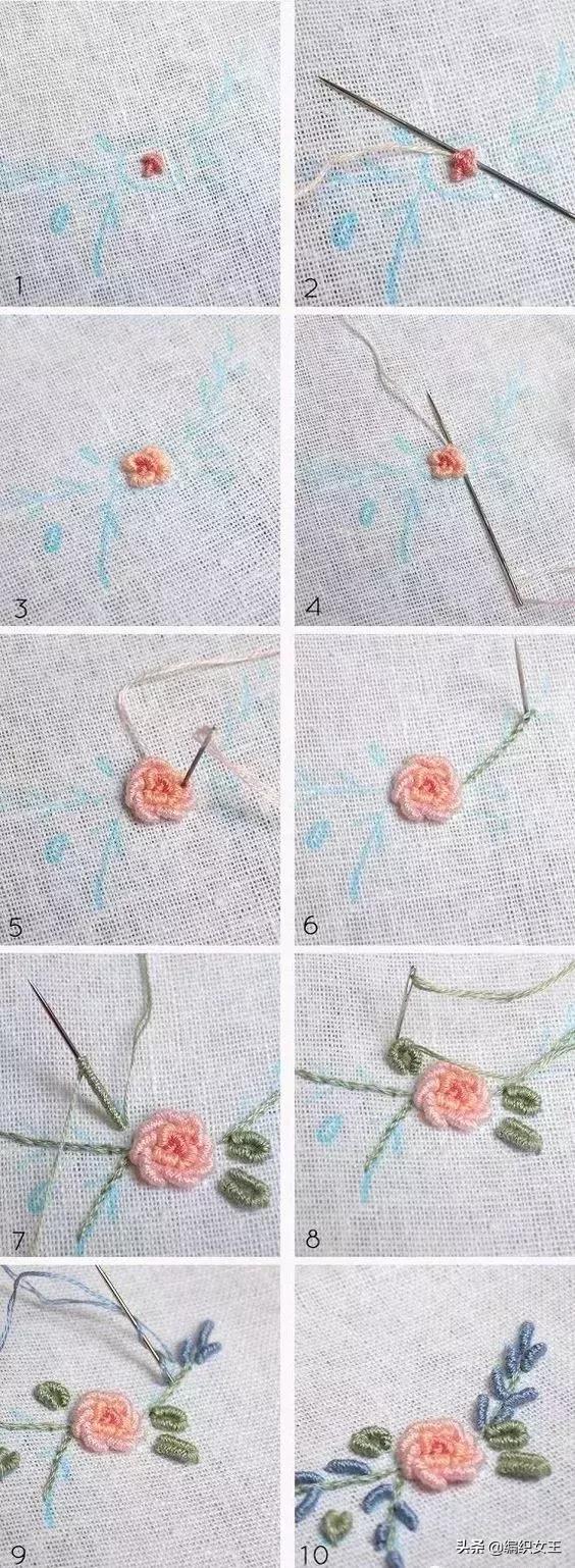 只需几分钟就学会了花和叶子的针法刺绣_玫瑰