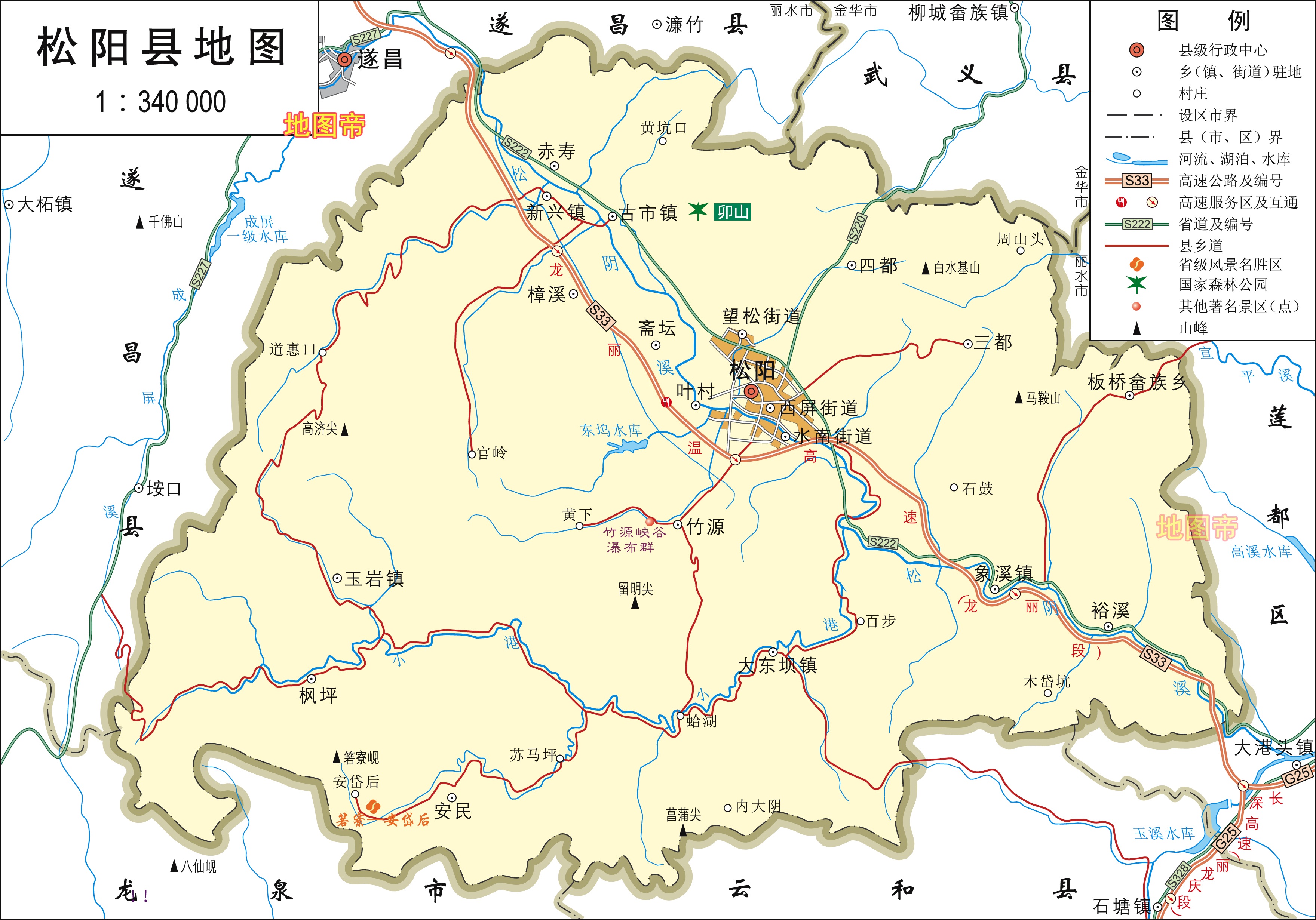 丽水1区7县1市高清地图,浙江陆域面积最大地级市
