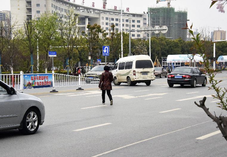 3月29日,摄于滨湖南路,距离红绿灯不足百米,行人乱穿马路,不守交法.