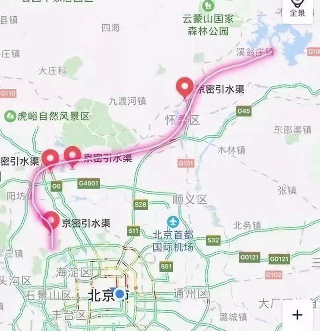 京密引水渠大致线路走向,怀柔水库是其重要节点/百度地图 修好的防爬