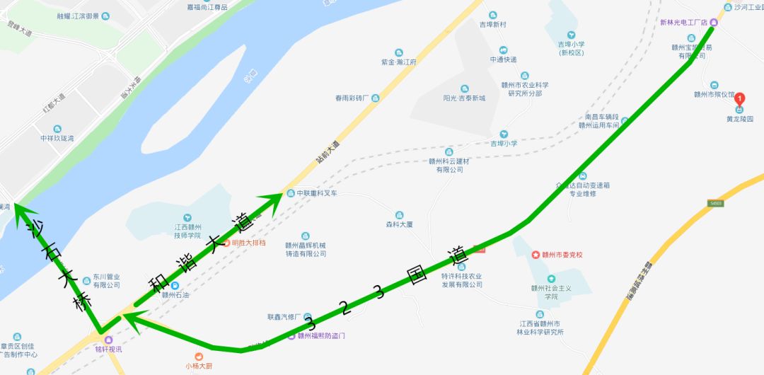 公墓区停车场出口左转–323国道–沙石路口–和谐大道/沙石大桥–市区