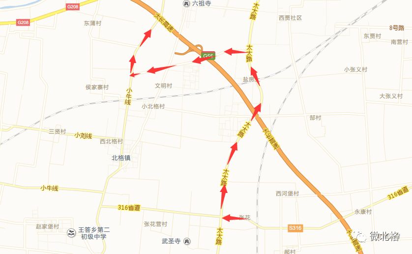 305公交线路因南格村到南格西修路 将绕行 详细改线通知请看下图 北格