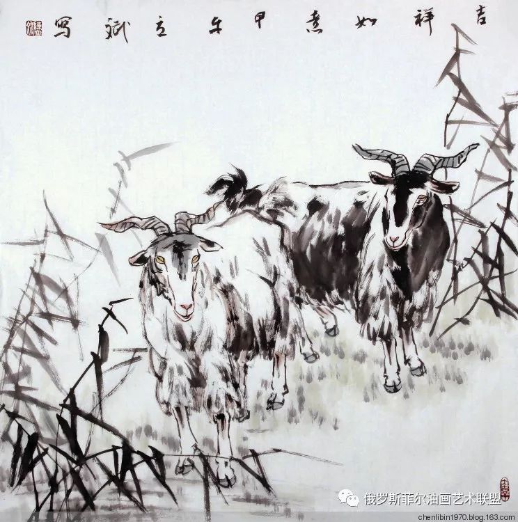 中国画家陈立斌画羊国画作品欣赏一