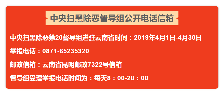 中央扫黑除恶第20督导组进驻云南督导期间, 设立专门举报电话:0871