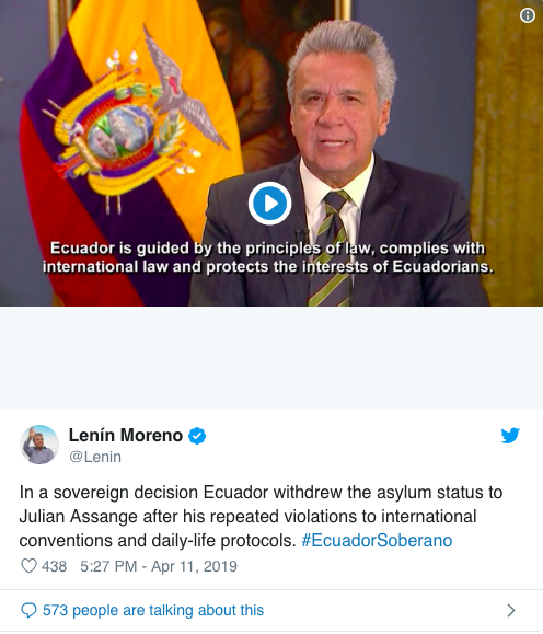 厄瓜多爾總統頒布聲明，詮釋為何裁撤對阿桑奇的庇護 未分類 第1張