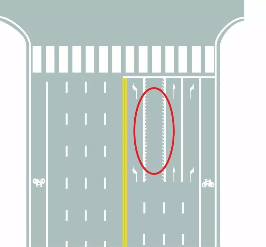 在人行横道线前的带有指向标志的道路线,单独实线带指向