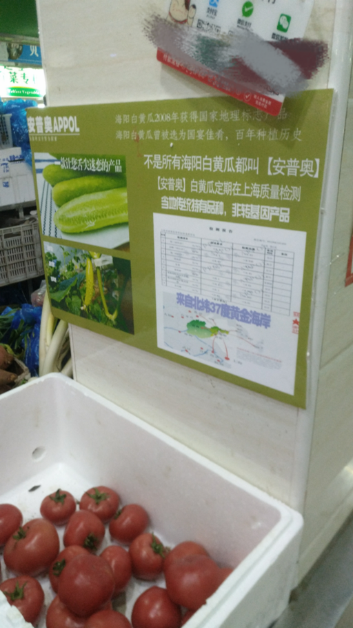 上海市怒江路永昌菜市场销售点向客户展示的白玉黄瓜介绍牌