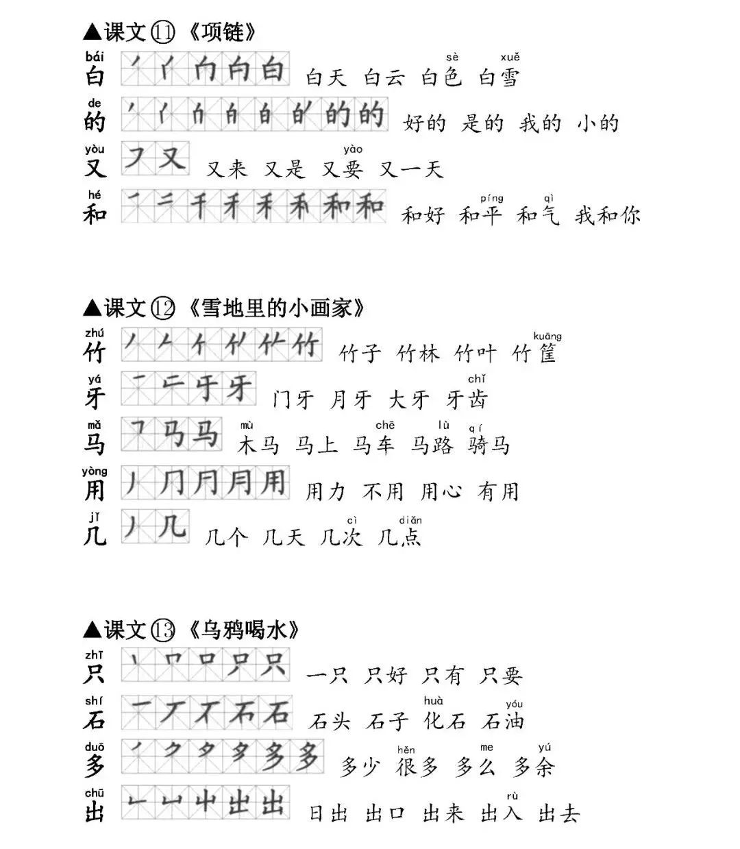 小学一年级语文上册生字笔顺,组词,造句汇总(带拼音)