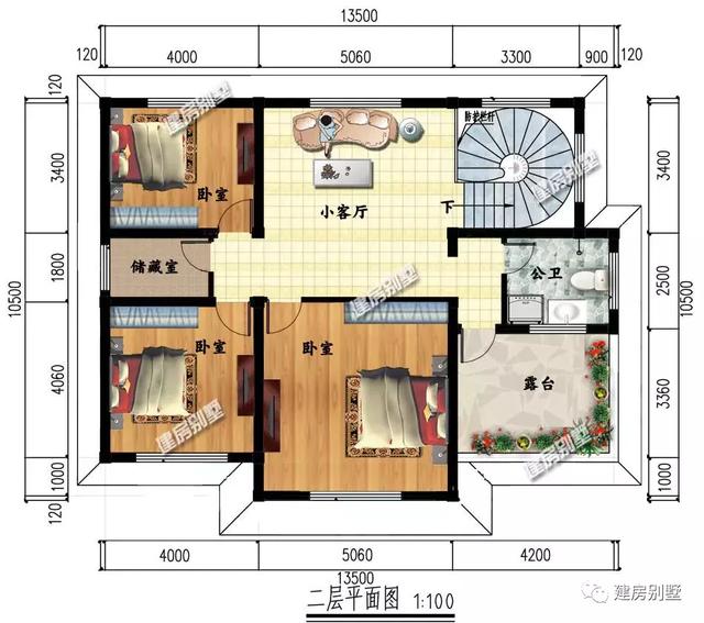 13.5×10.5米农村别墅,旋转楼梯配得真大气