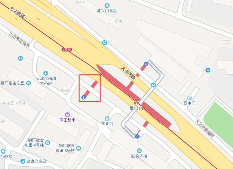 2019年4月19日开始对天津地铁1号线复兴门站b出入口(示意图红框)进行