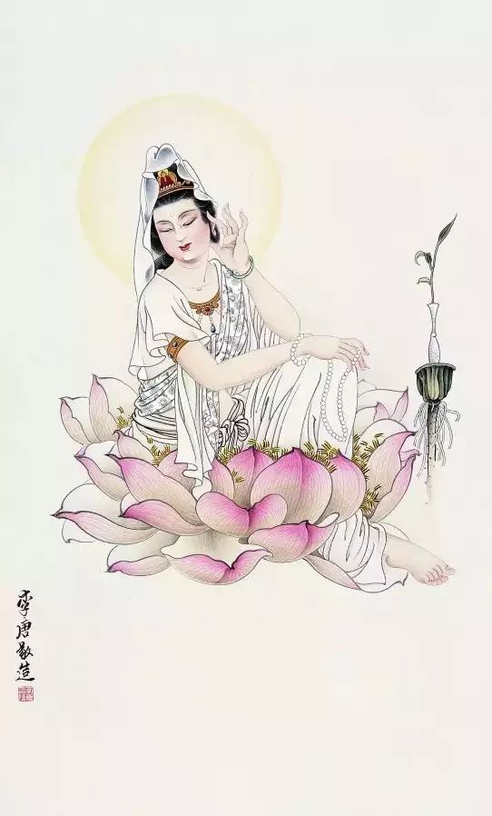 著名画家李唐工笔画作品莲花观世音菩萨