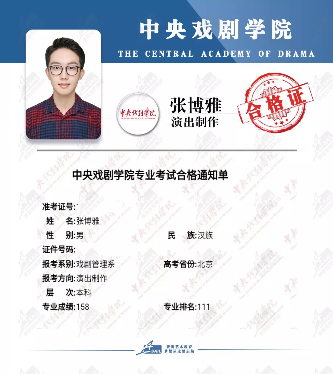 中央戏剧学院合格证 11张 北京电影学院合格证 3张 上海戏剧学院合格
