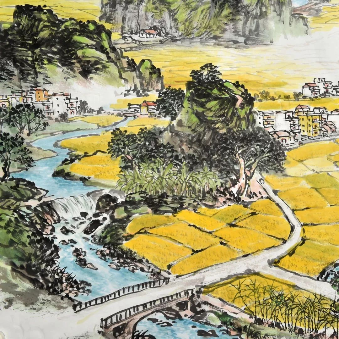 《诗意苹塘图》,该画用轻松的笔墨,鲜亮的色彩描绘出苹塘田园山水的