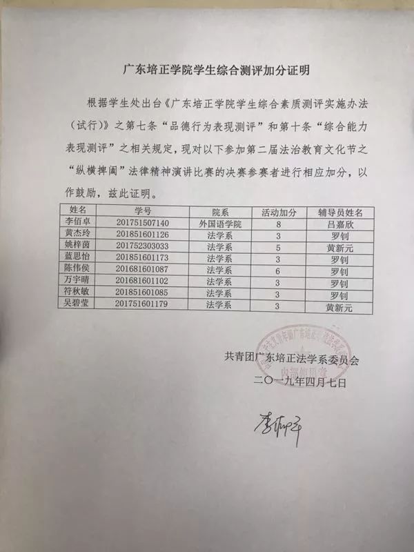 第二届法治教育文化节之"纵横捭阖"法律精神演讲比赛的综测加分证明