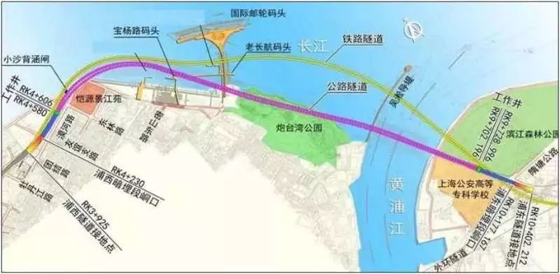 (浦西牡丹江路-浦东外环线),沿江通道越江隧道宝山这条越江隧道正在