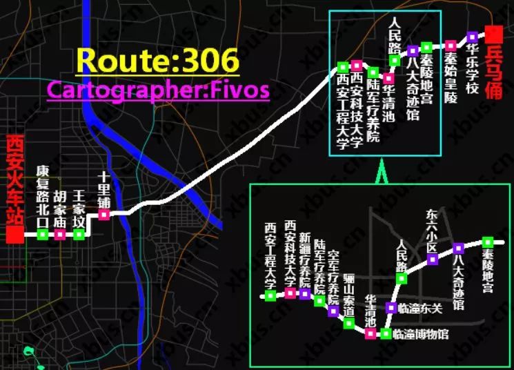 线路图5月1日起,306路临潼区内线路变更为直接经秦唐大道行驶,不再