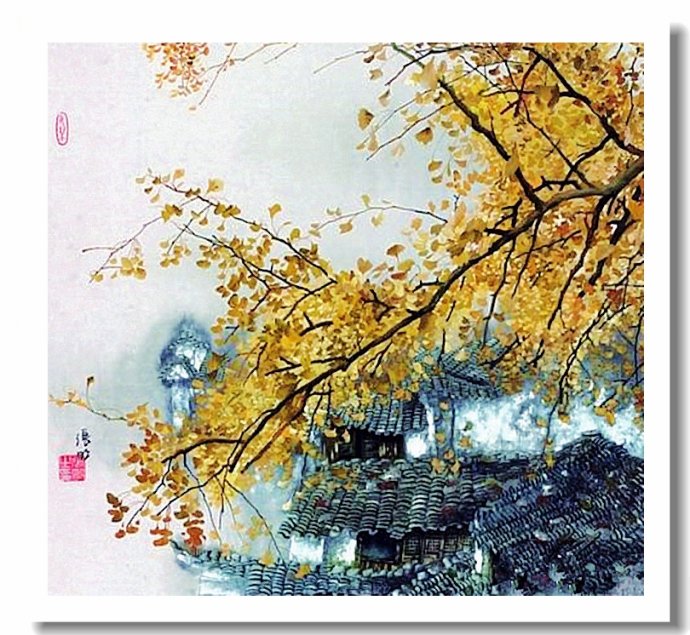 杏叶缤纷中国画家张明工笔重彩风景画作品赏析