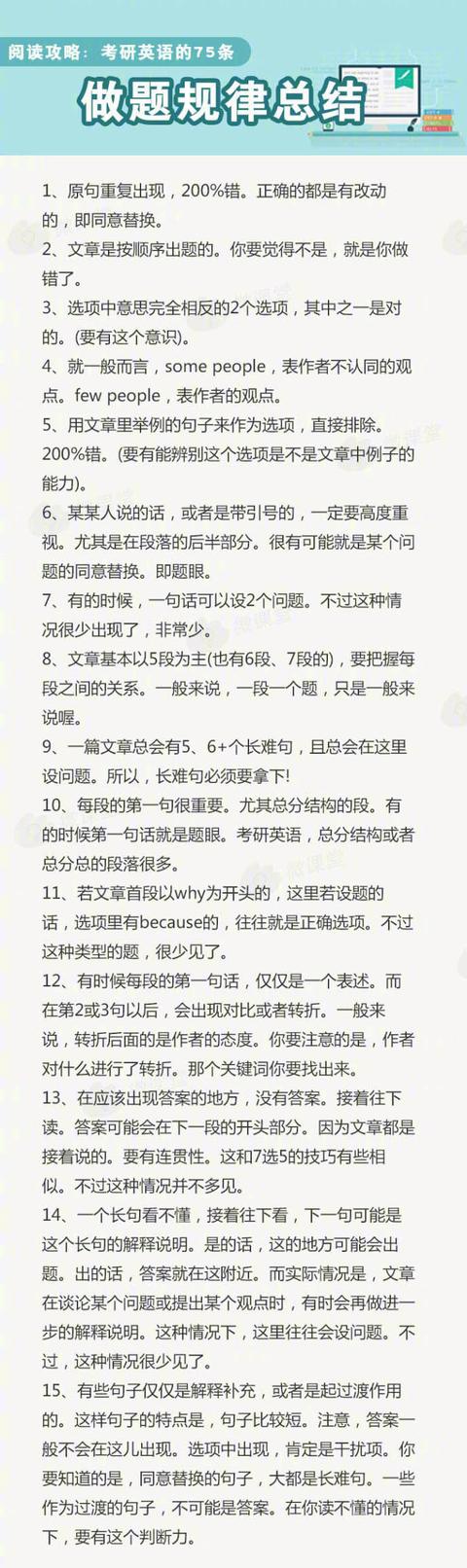 
考研英语丨总是被阅读理解拖分？75条“阅读做题规律”送给你！


