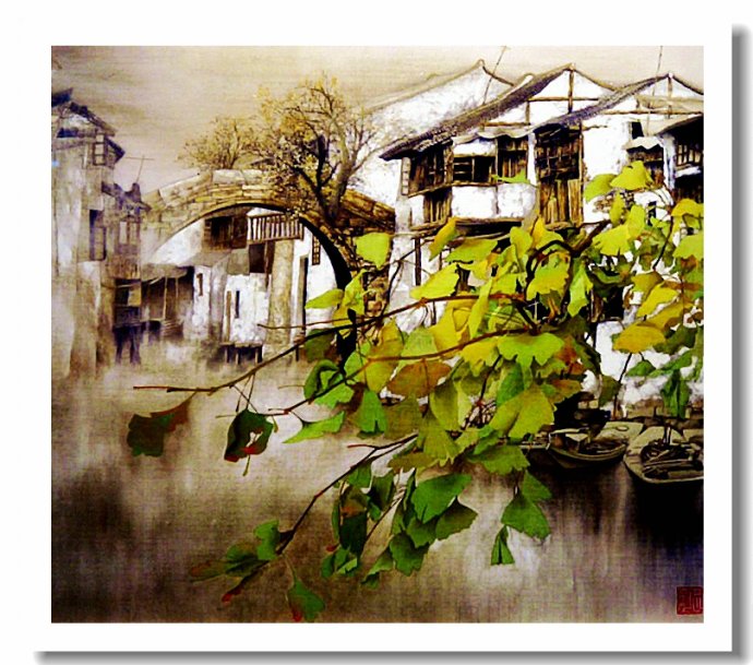 杏叶缤纷 -- 中国画家张明工笔重彩风景画作品赏析