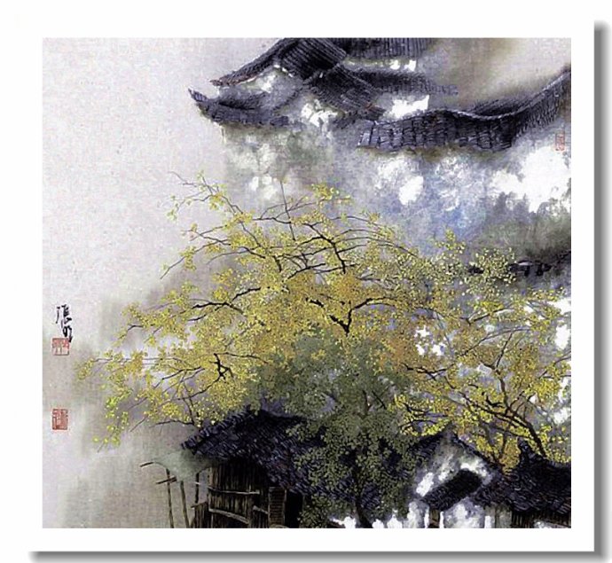 杏叶缤纷中国画家张明工笔重彩风景画作品赏析