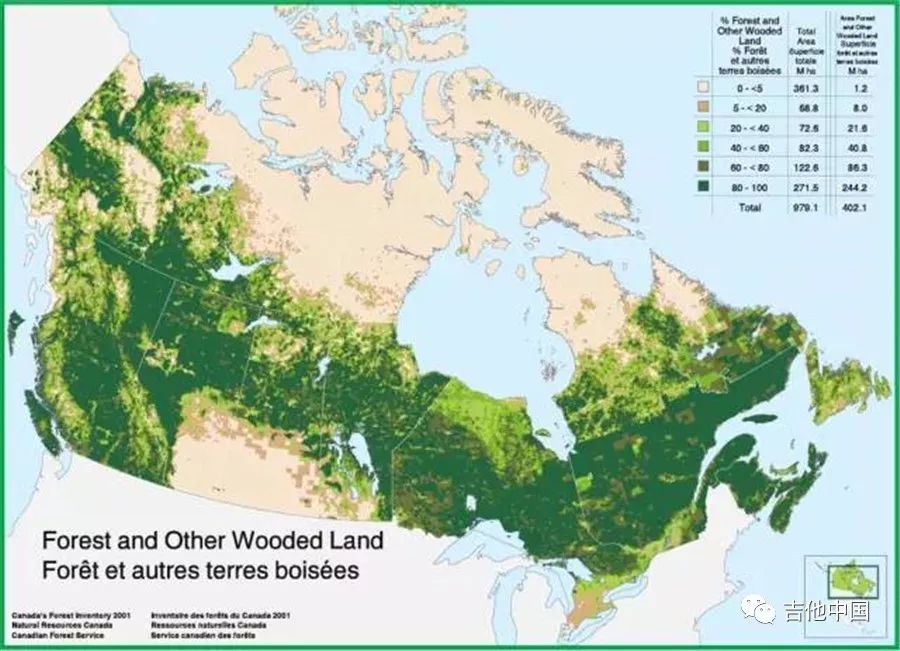 具体富足到什么地步,这里有两张加拿大森林植被分布图,诸君一观便知