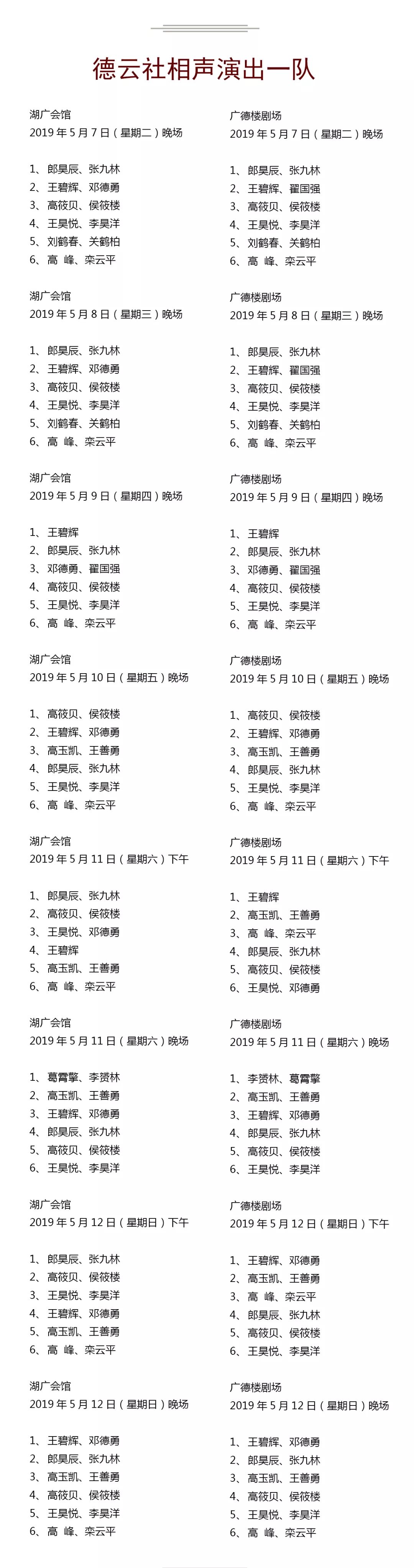 德云社演出节目单(2019年5月6日-5月12日)