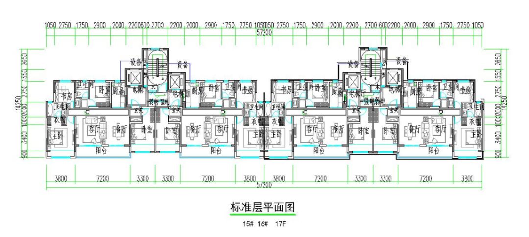 15m,其标准层户型设计为 一梯两户,规划产品主力为 五室两厅一厨两卫