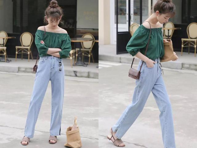 2019年很流行穿“牛仔阔腿裤”，搭配这4件上衣，轻松显腿瘦！_女生