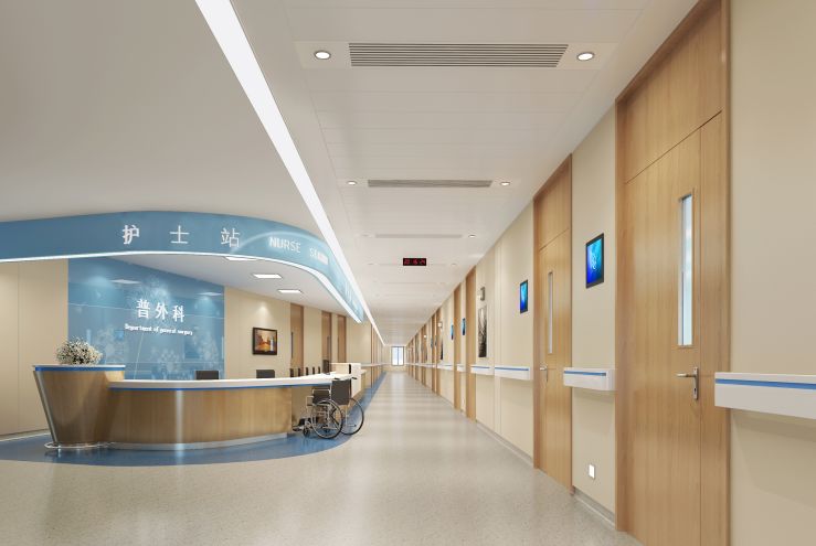 入口护士站背景墙提取太湖水蓝色, 服务台用木饰面强调空间温馨感