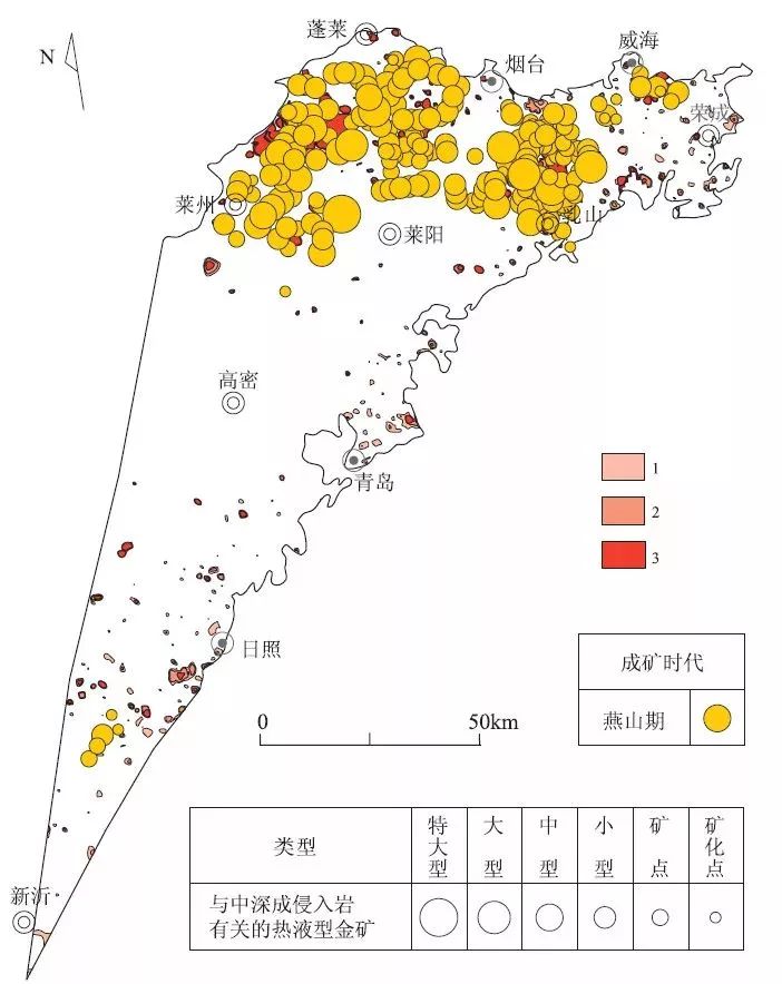 胶东成矿带金地球化学异常与金矿床分布图 全国金矿勘查工作部署