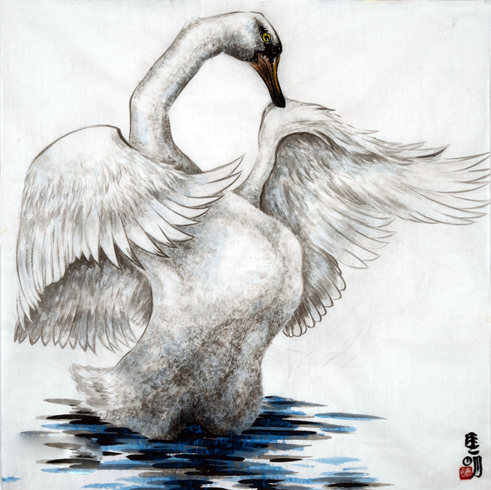马明画家《湖泊沼泽上的天鹅之歌》