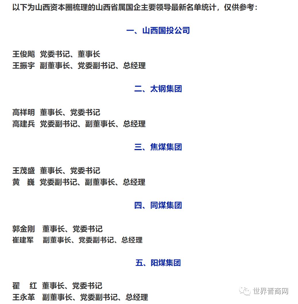 山西重点省属国企主要领导最新名单