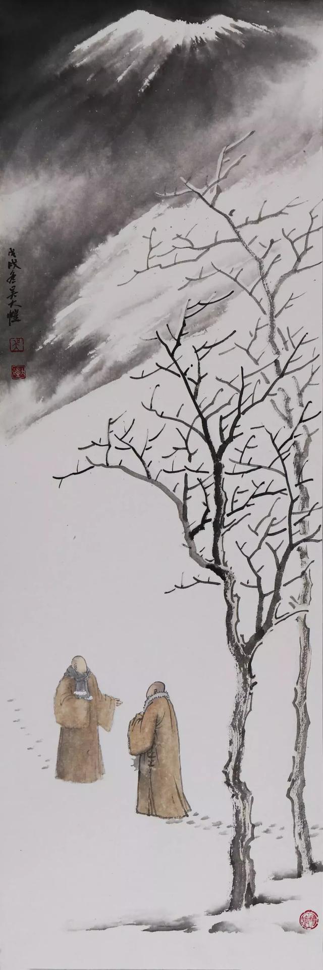 吴大恺 禅意雪景山水画 纸本水墨 纵24厘米 横72厘米