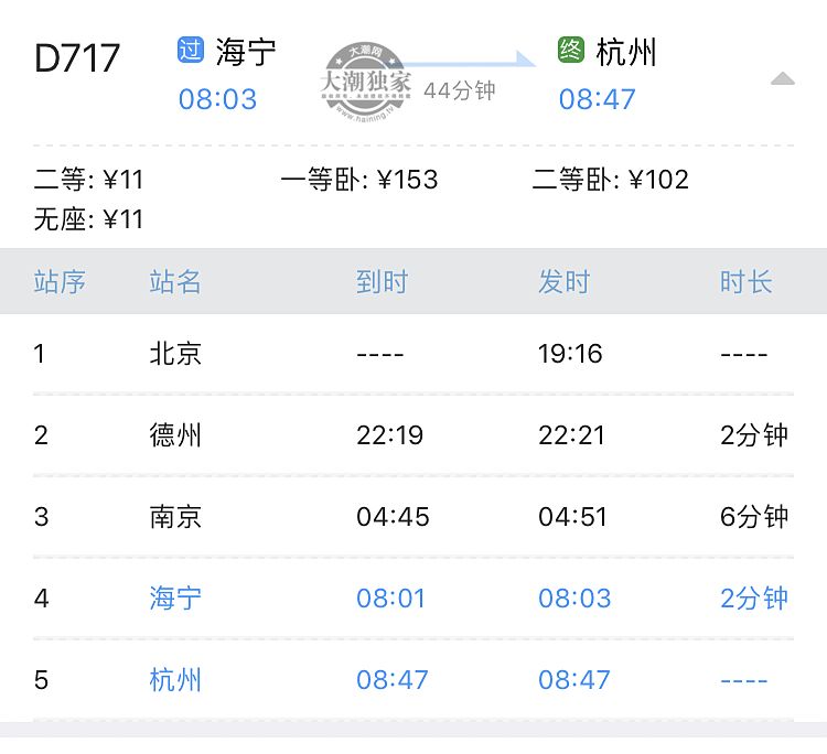 d718次杭州17点32分发车,途经海宁,南京,天津西,于次日早上7点07分终