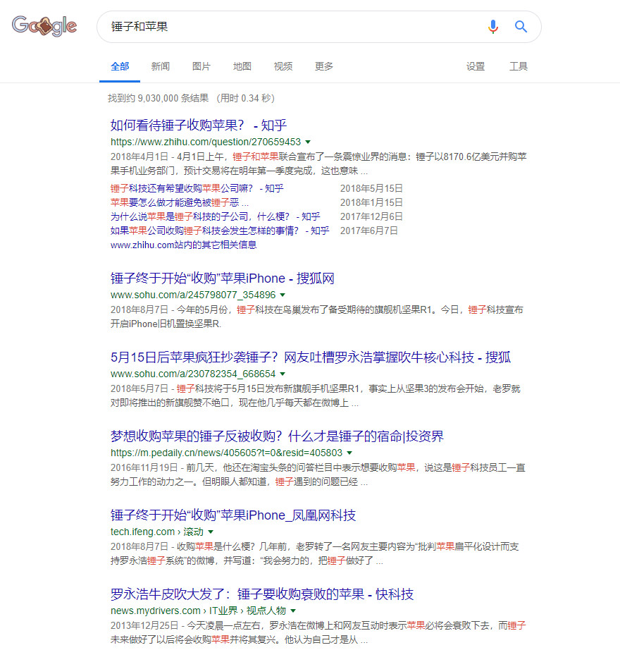 所以搜索“苹果和锤子哪个更好”的时候，搜索引擎干了很多事情，其中至