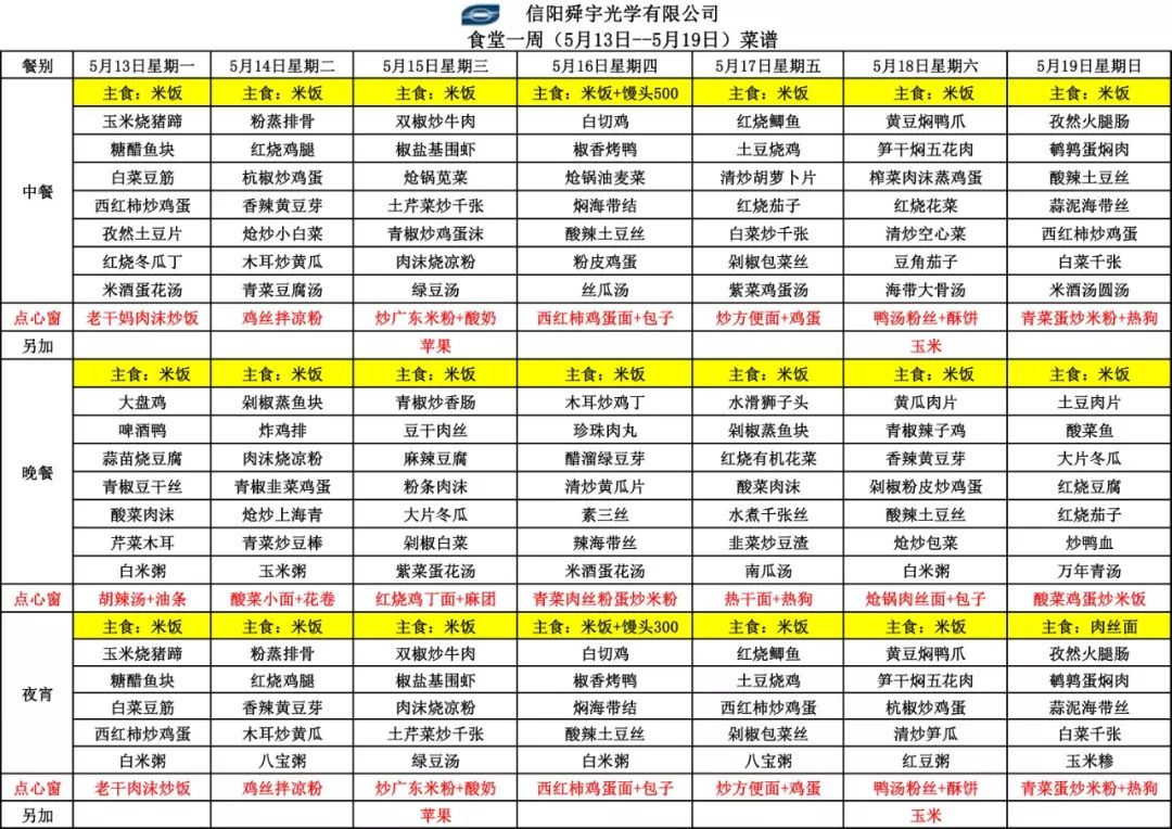 兰江厂区菜单 早餐 中晚餐 夜宵 点心 舜宇信阳光学食堂菜单 早餐 中