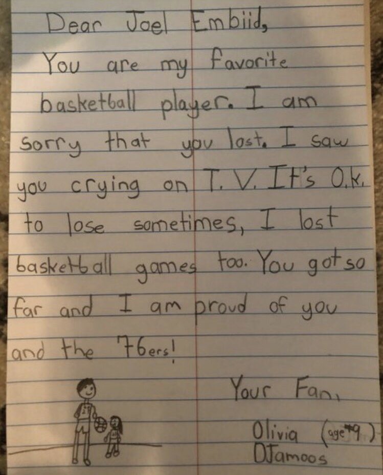 暖心!恩比德赛后落泪 9岁球迷写信安慰：为你骄傲