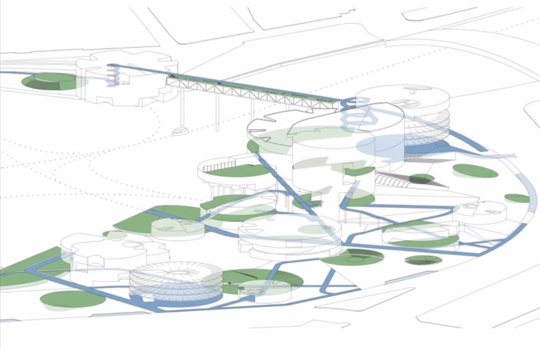 因此这个项目中所有建筑都是圆形的,通过带状景观与周边环境相连.