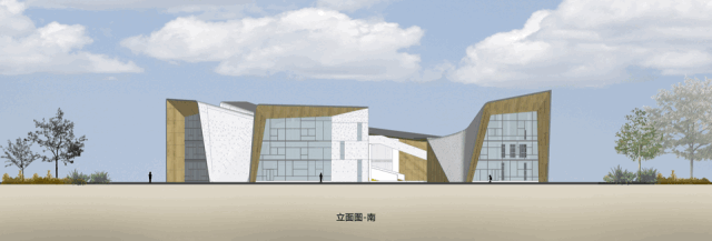 立面图表皮的形式和色彩在结构纵横的原则下形成整体,从上自然倾泻