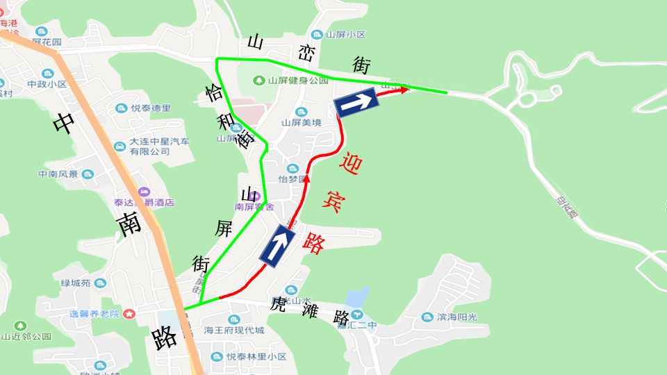 迎宾路的虎滩路至山峦街路段临时改为 由南向北(进棒棰岛方向)行驶的