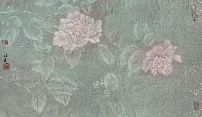 叶芃《落春 纸本设色 26cm×43cm 2018年于瑜《水的双关—2》